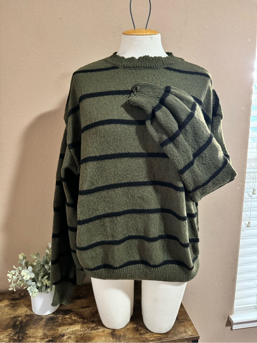 SHEIN Olive Green and Black Striped Crewneck Sweater